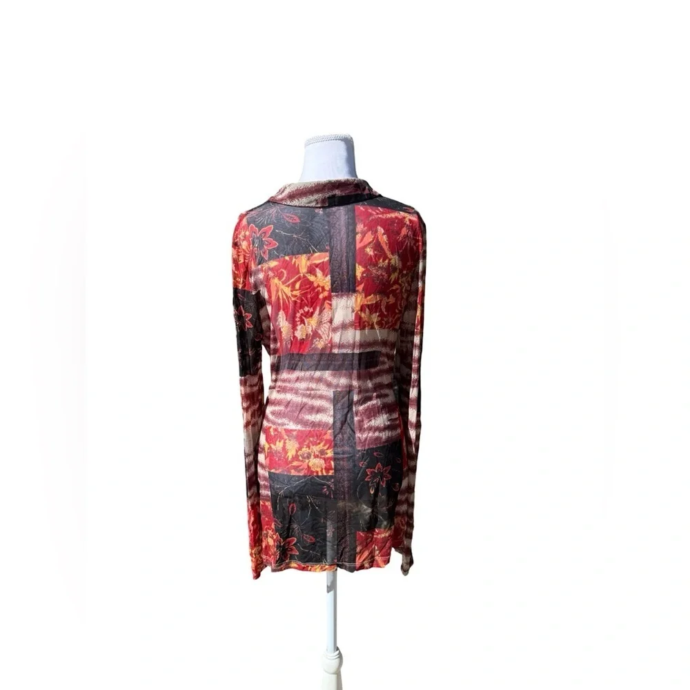 Free People Lucky Printed Blouse Patchwork Semi Sheer Mesh Boho Button Large